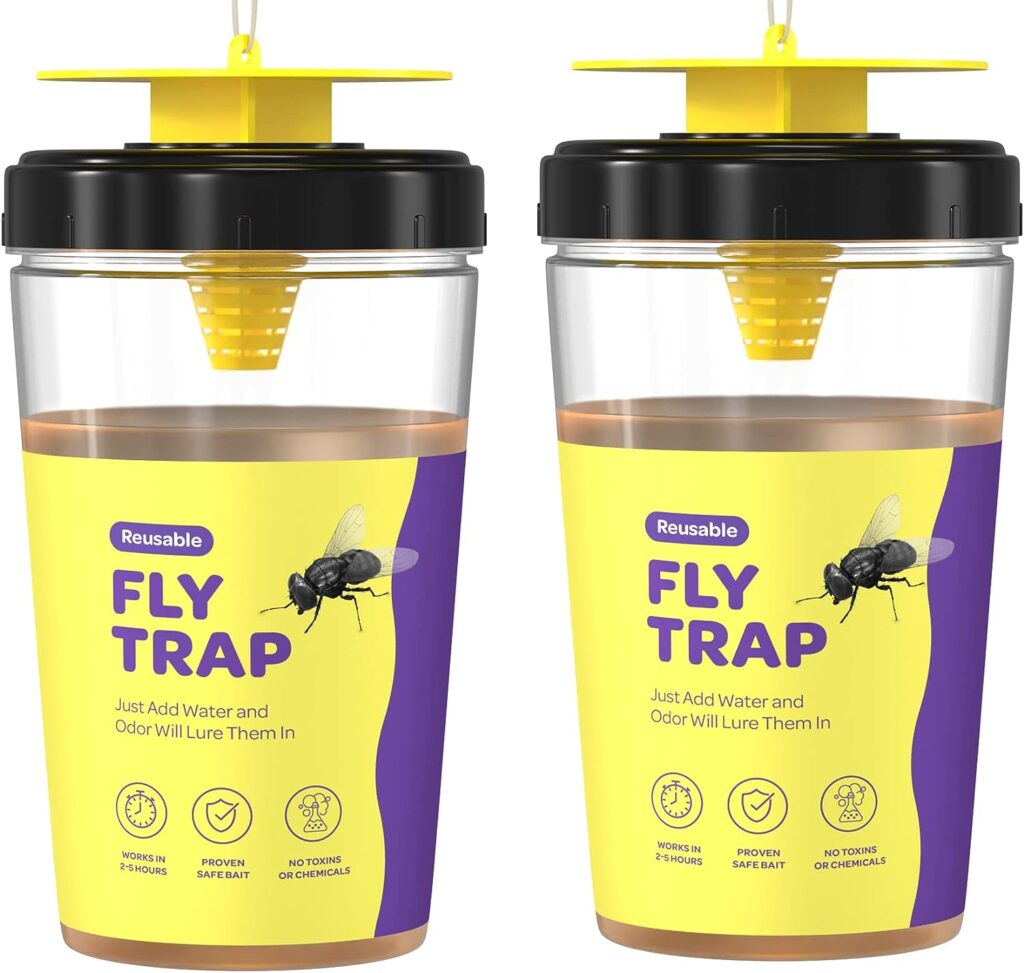 Outdoor Fly Trap [Set of 2] Fly Traps Outdoor with Dissolvable Non-Toxic Bait - Fly Repellent for Outdoor Use Only - Controls Flies for Patios, Barns, Ranches Etc. Hanging Fly Traps with Tie Included