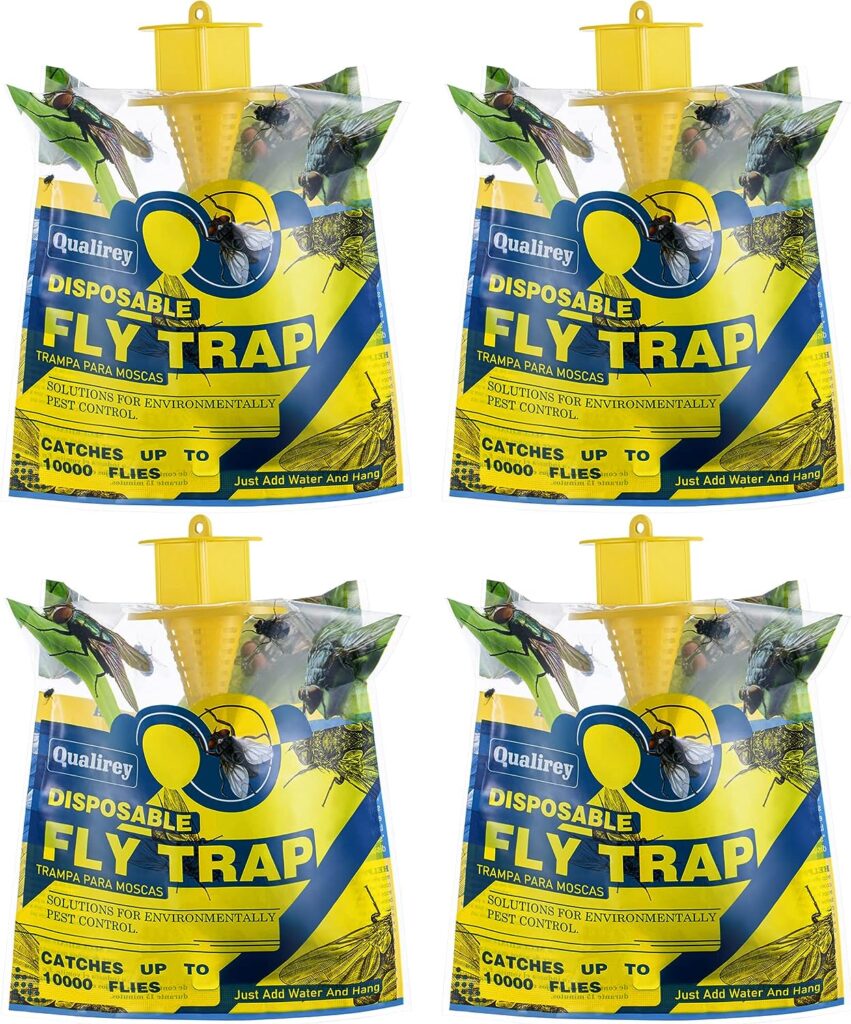 Qualirey 4 Pack Fly Traps Outdoor Hanging, Disposable Fly Killer Trap Bag Catcher for Outside Farms, Pastures, Chicken Coops, Stables, Barns, Horse, Garbage Cans, Garbage Ponds, Yard, Backyard, Patio