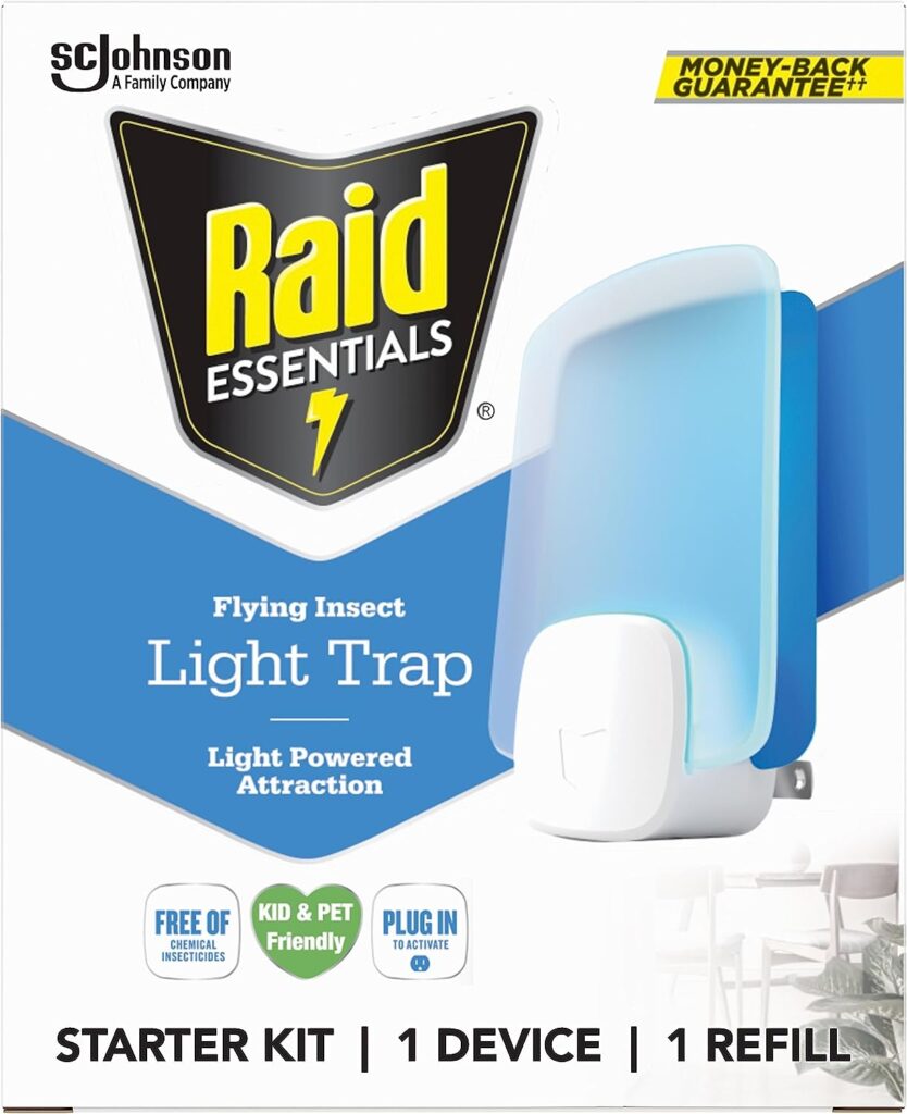 Raid Essentials Flying Insect Light Trap Starter Kit, 1 Plug-in Device + 1 Cartridge, Featuring Light Powered Attraction