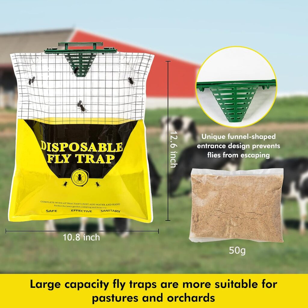 10.8 * 12.6 Inch Big Bag Disposable Fly Traps Outdoor Hanging, 6 Natural Pre-Baited Large Fly Hunter Stable Horse Ranch Fly Trap Bags, Fly Control Catchers Killer Outdoor for Barn Livestock  Pasture