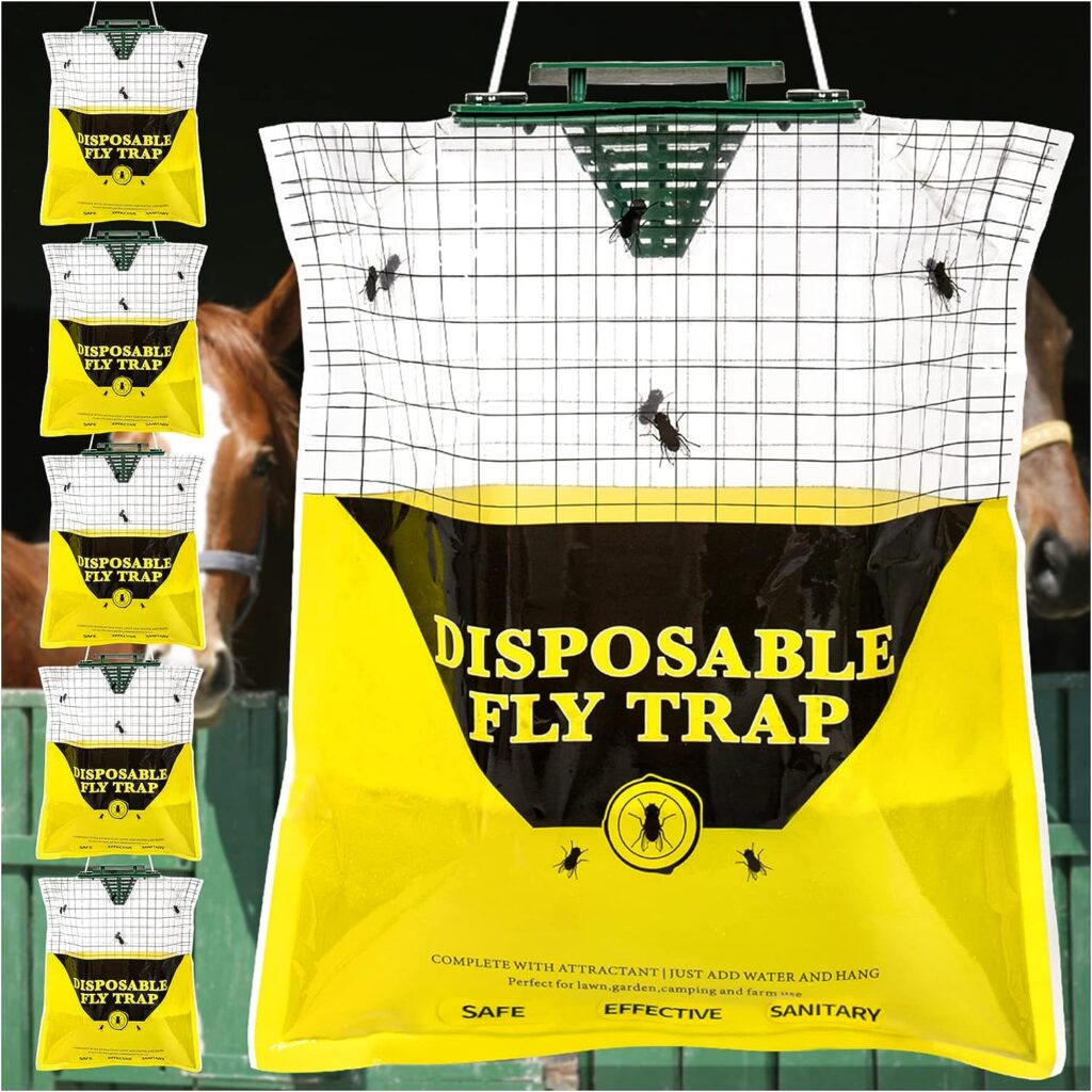 10.8 * 12.6 Inch Big Bag Disposable Fly Traps Outdoor Hanging, 6 Natural Pre-Baited Large Fly Hunter Stable Horse Ranch Fly Trap Bags, Fly Control Catchers Killer Outdoor for Barn Livestock  Pasture