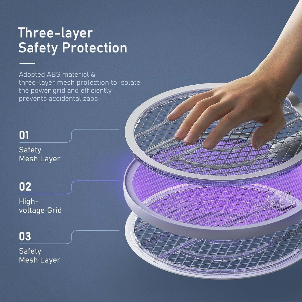 Electric Fly Swatter Racket, Mosiller 4000V 2 in 1 Bug Zapper with USB Rechargeable Base, Powerful Mosquitoes Trap Lamp  Fly Killer with 3-Layer Safety Mesh for Home, Bedroom, Kitchen, Patio（1 Pack）