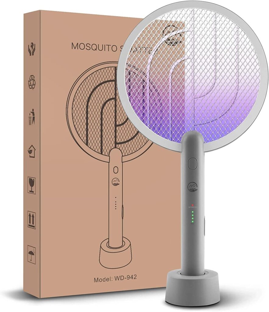 Electric Fly Swatter Racket, Mosiller 4000V 2 in 1 Bug Zapper with USB Rechargeable Base, Powerful Mosquitoes Trap Lamp  Fly Killer with 3-Layer Safety Mesh for Home, Bedroom, Kitchen, Patio（1 Pack）