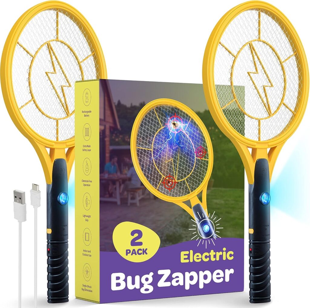 Electric Fly Swatter [Set of 2] Handheld Bug Zapper Racket for Indoor/Outdoor - 4000 Volt Fly Swatter - Instant Bug  Mosquito Killer with Attractant LED Light - USB Rechargeable Portable Fly Zapper.