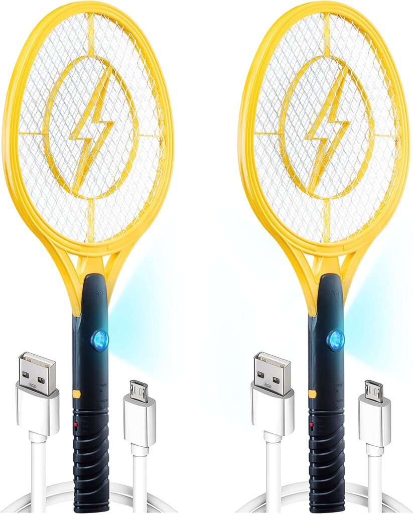 Electric Fly Swatter [Set of 2] Handheld Bug Zapper Racket for Indoor/Outdoor - 4000 Volt Fly Swatter - Instant Bug  Mosquito Killer with Attractant LED Light - USB Rechargeable Portable Fly Zapper.