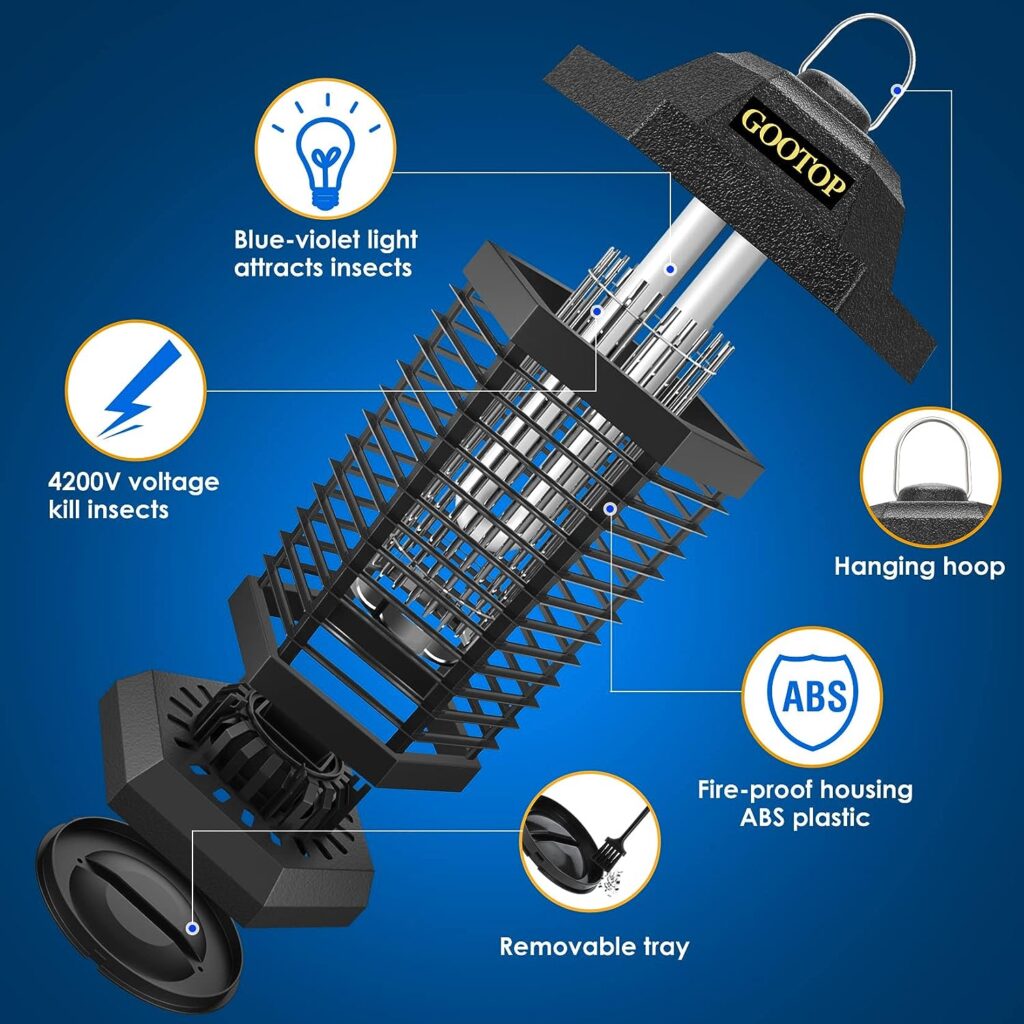 GOOTOP Bug Zapper Outdoor Electric, Mosquito Zapper, Fly Traps, Fly Zapper, Mosquito Killer, 3 Prong Plug, 90-130V, ABS Plastic Outer (Black)