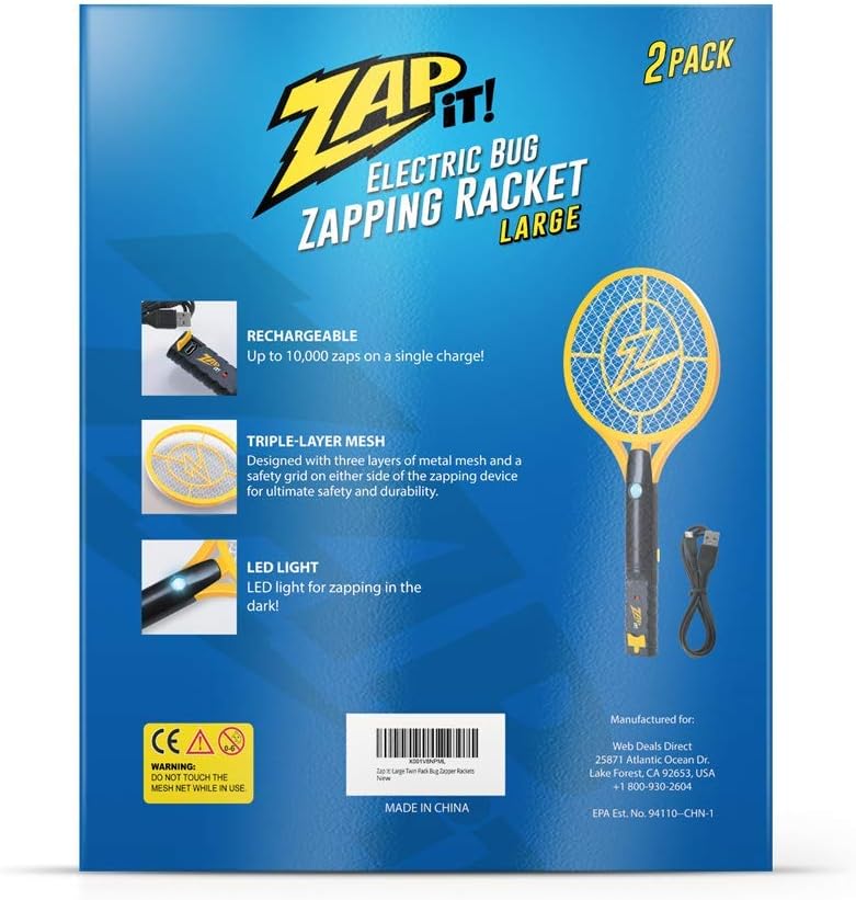 ZAP iT! Electric Fly Swatter Racket  Mosquito Zapper - High Duty 4,000 Volt Electric Handheld Bug Zapper Racket - Fly Killer USB Rechargeable Indoor Safe - 2 Pack (Large, Yellow)