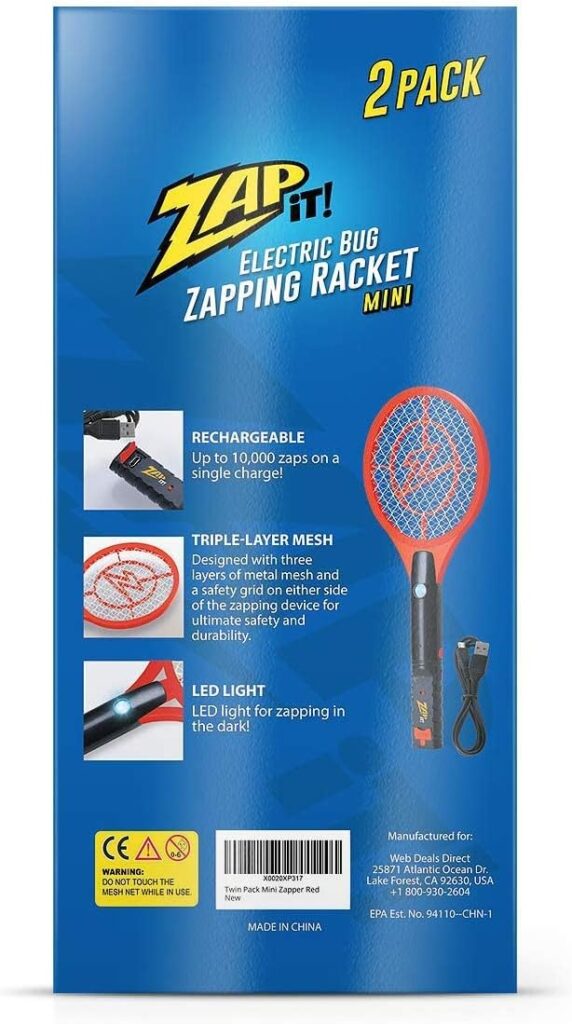 Zap It Electric Fly Swatter Racket  Mosquito Zapper Racket - Rechargeable Bug Zapper Racket - Fly Zapper Racket - Zapper Fly Swatter - Handheld Bug Zapper - 4,000 Volt, USB Charging Cable, 2 Pack